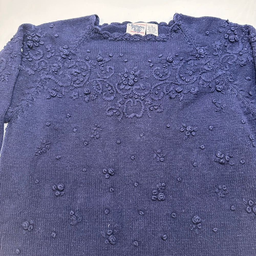Huntington Ridge |VTG 90s| Navy Ramie Cotton Floral Knit Sweater S| Cottagecore - Picture 3 of 8
